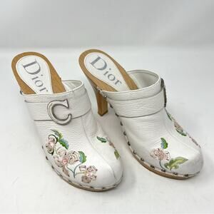 Vintage Dior Wooden Clog White Leather Mule Heel Embroidered John Galliano 38.5